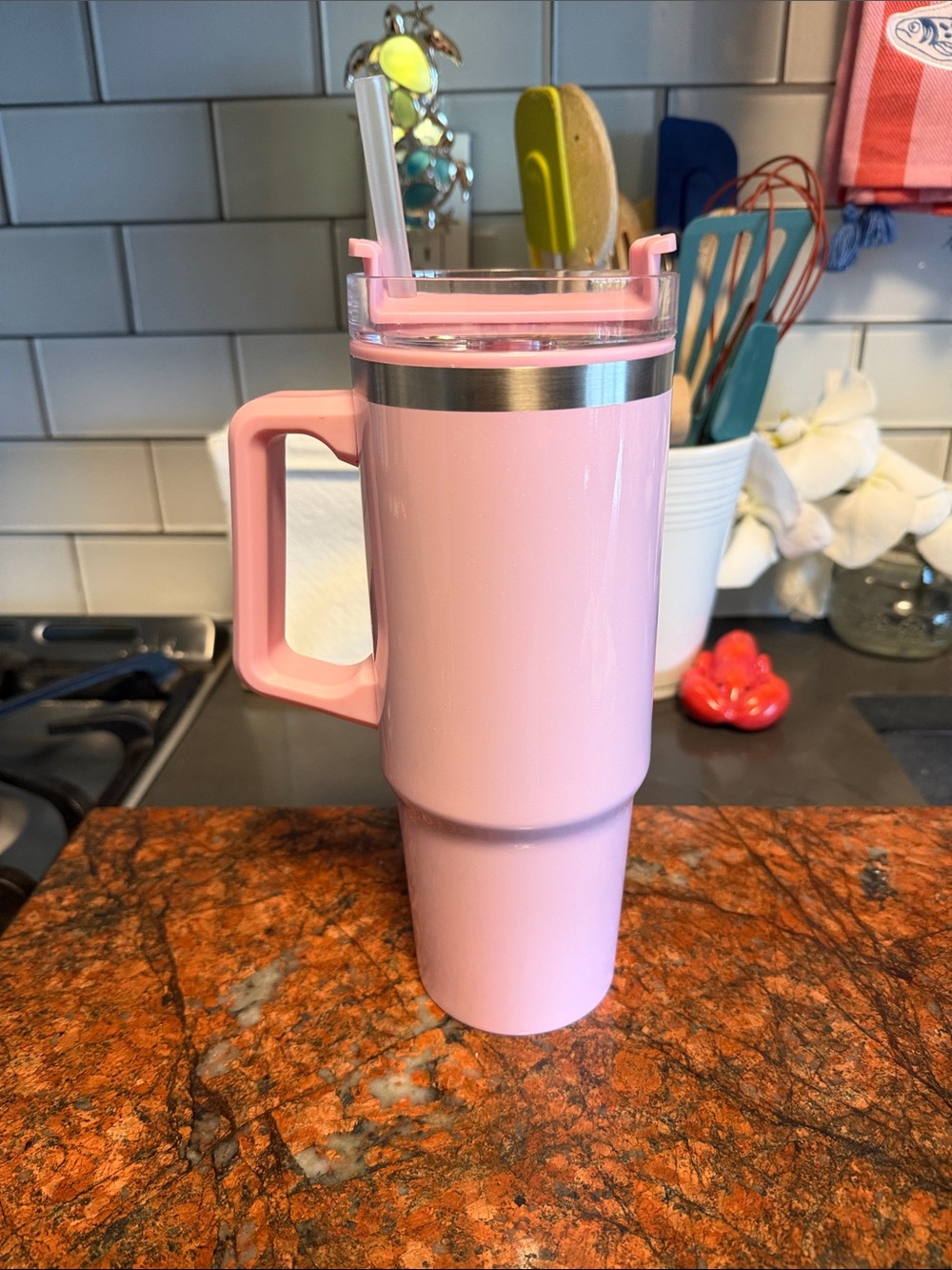 Pink Travel Mug with Handle and Straw - 28 oz
